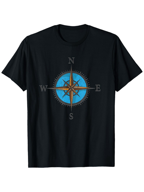 Men's Graphic T-Shirt Vintage Blue Compass Rose With Cardinal Directions On Black T Shirt