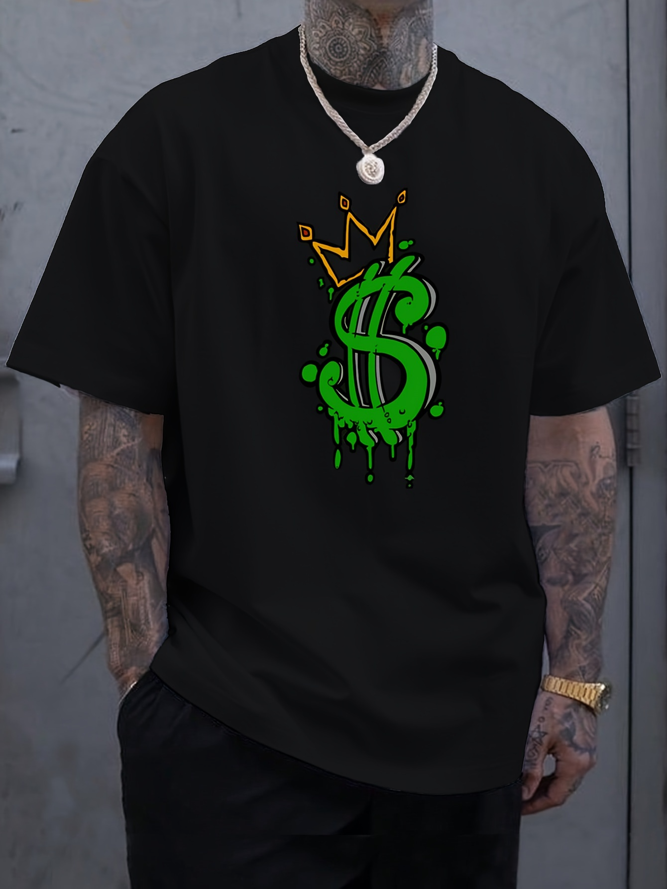 Men's Graphic T-Shirt Graffiti Neon Green Paint Dripping Dollar Sign With Orange Crown
