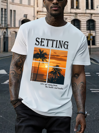 Men's Graphic T-Shirt Setting Sunset Silhouette Palms With Golden Sky Over Calm Ocean