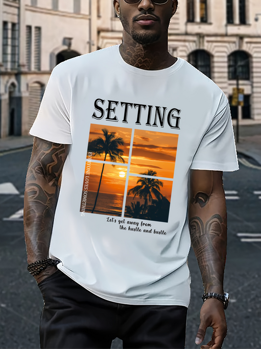Men's Graphic T-Shirt Setting Sunset Silhouette Palms With Golden Sky Over Calm Ocean