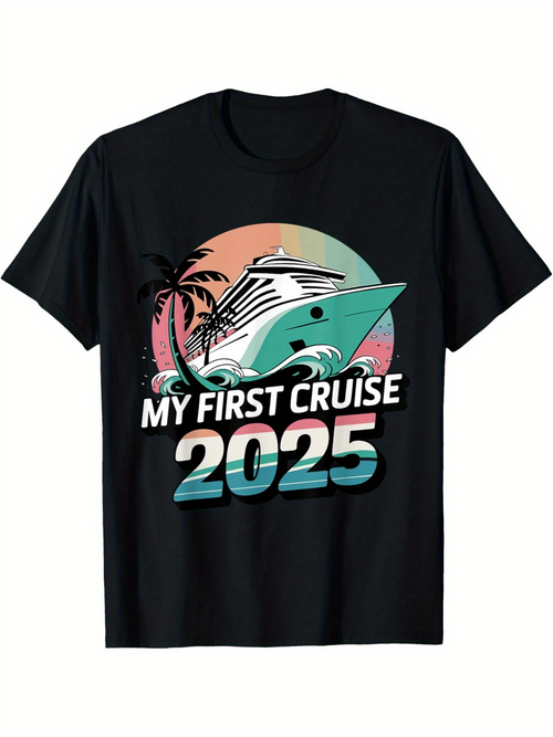 Men's Graphic T-Shirt My First Cruise 2025 Sunset Waves With Palm Tree Beside Large Modern Yacht