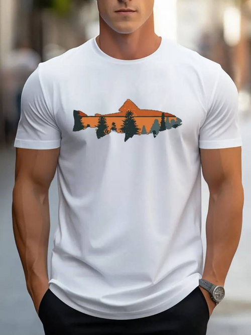 Men's Graphic T-Shirt Orange Mountain With Pine Forest Among Calm Scenic Fish