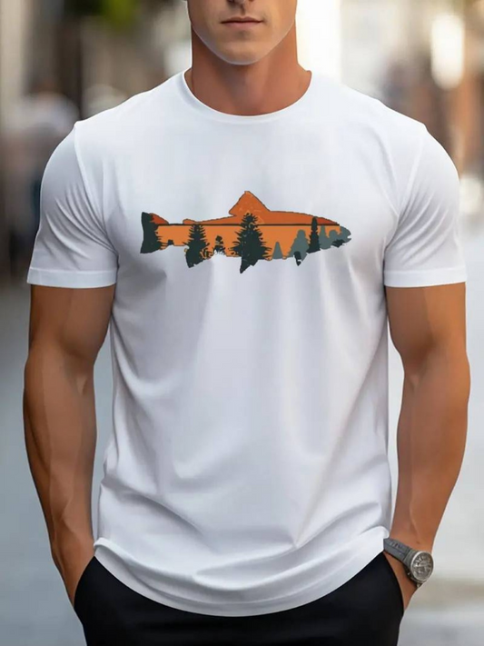 Men's Graphic T-Shirt Orange Mountain With Pine Forest Among Calm Scenic Fish