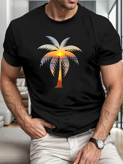 Men's Graphic T-Shirt Golden Sunset With Silhouette Palm Tree And Tropical Evening Sky Palm Tree