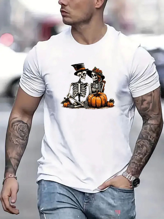 Men's Graphic T-Shirt Whimsical Pumpkins With Dapper Skeleton Couple Seated Together