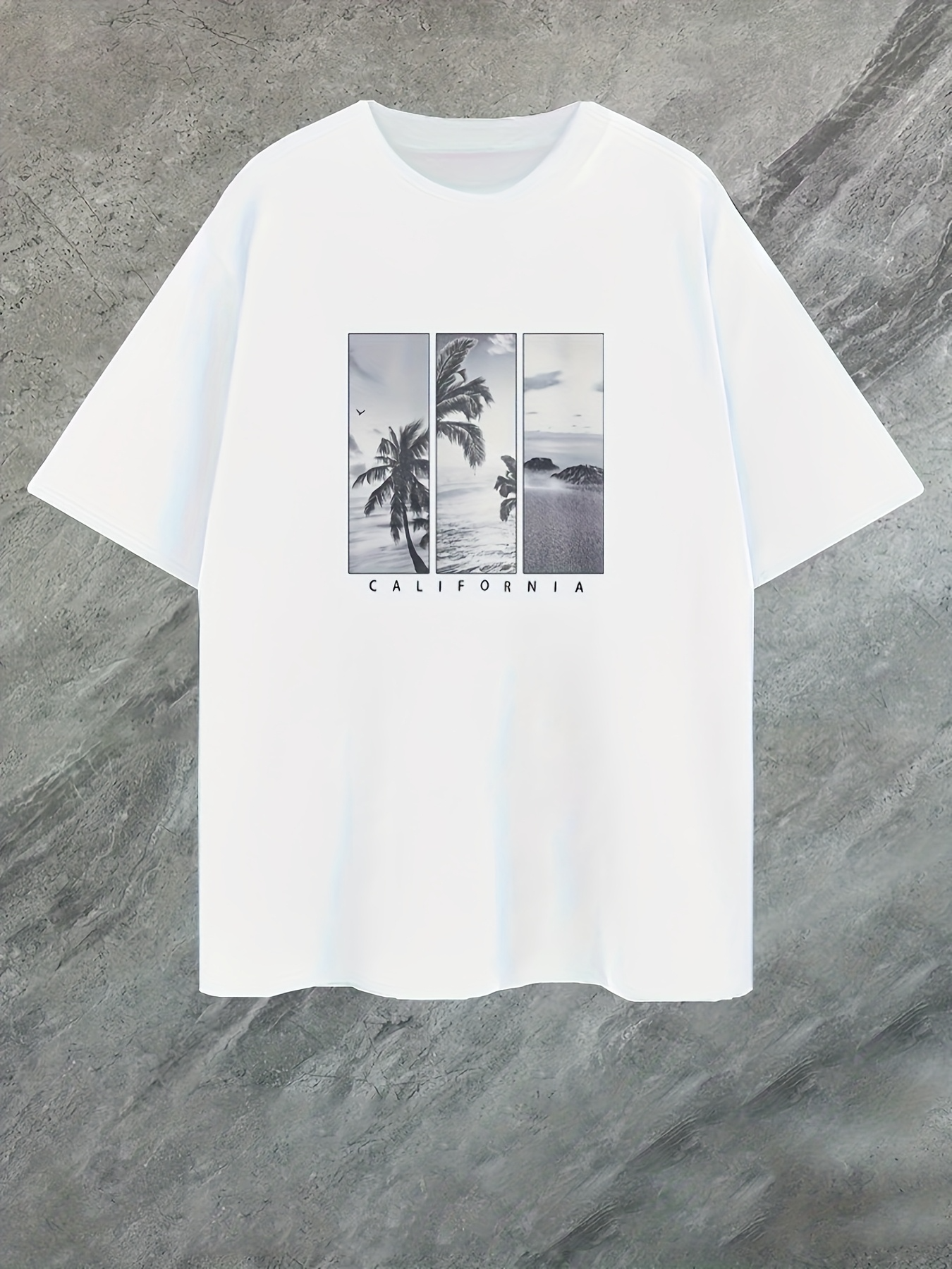 Men's Graphic T-Shirt California Retro Palm Trees Overlooking Tranquil Seaside Bay Under Clouds