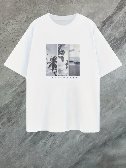 Men's Graphic T-Shirt California Retro Palm Trees Overlooking Tranquil Seaside Bay Under Clouds