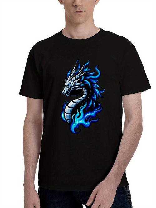 Men's Graphic T-Shirt Vivid Blue Flames Flowing Around Fierce Mythical Dragon