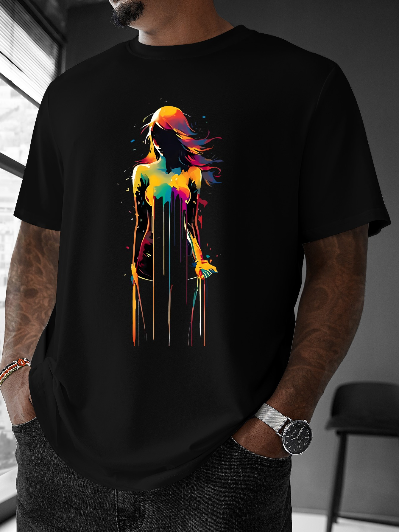 Men's Graphic T-Shirt Vibrant Splattered Paint Silhouette With Flowing Hair Strong Woman
