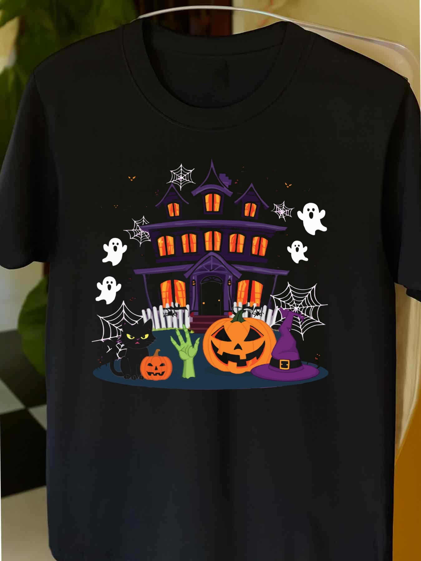 Men's Graphic T-Shirt Whimsical Haunted Mansion With Ghosts Pumpkins Webs And Spooky Halloween House
