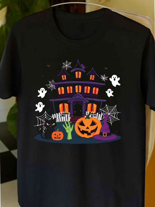 Men's Graphic T-Shirt Whimsical Haunted Mansion With Ghosts Pumpkins Webs And Spooky Halloween House