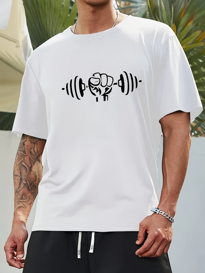 Men's Graphic T-Shirt Hand Gripping Heavy Fitness Barbell Surrounded By Simple Lines