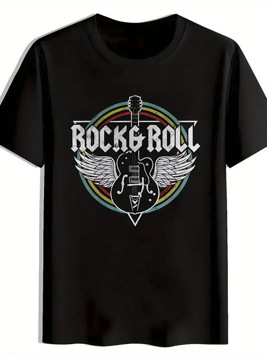 Men's Graphic T-Shirt Rock Roll Electric Guitar With Wings Surrounded By Colorful Circle