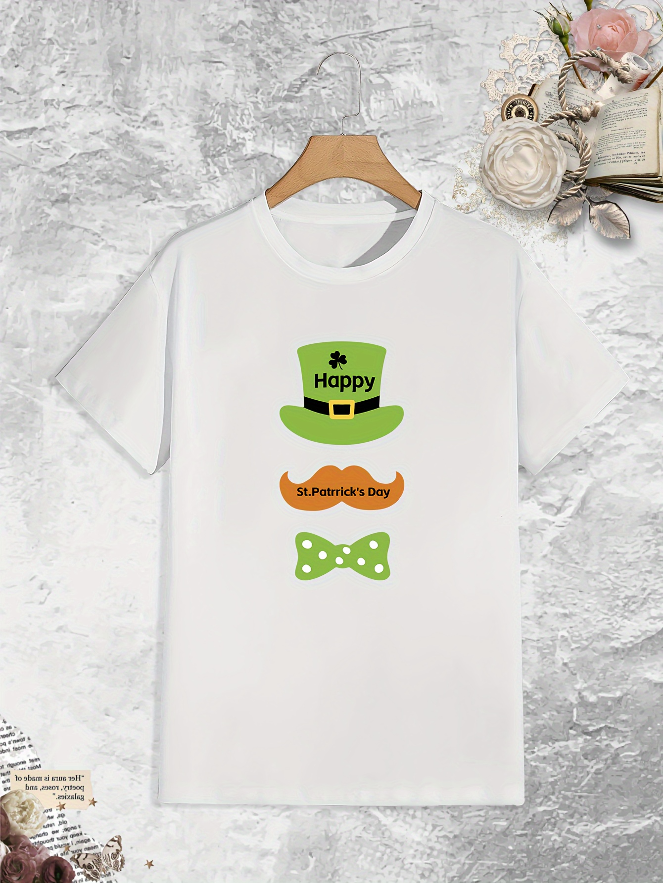 Men's Graphic T-Shirt Happy Green Hat And Orange Mustache With Green Bow Tie