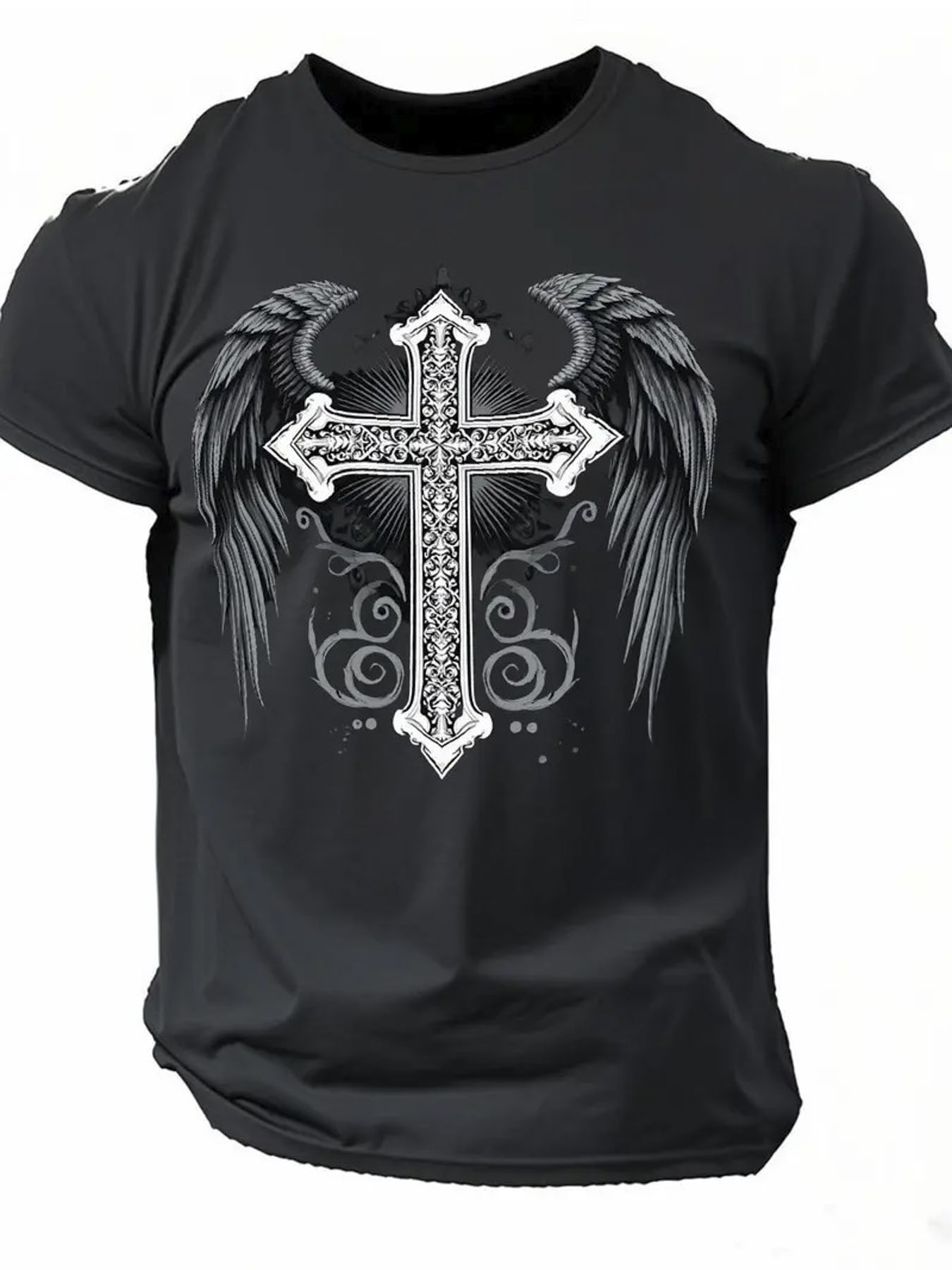 Men's Graphic T-Shirt Ornate Cross With Gothic Angel Wings Surrounded By Smoke Pattern Cross