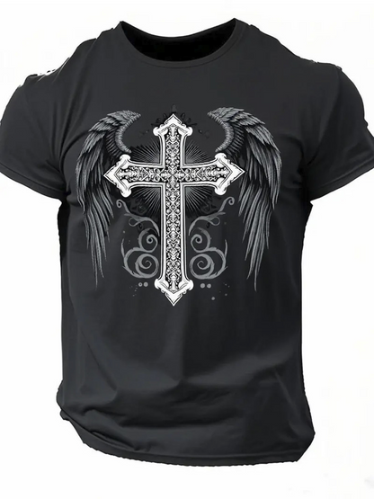 Men's Graphic T-Shirt Ornate Cross With Gothic Angel Wings Surrounded By Smoke Pattern Cross