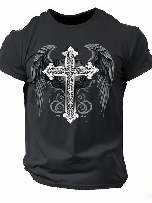 Men's Graphic T-Shirt Ornate Cross With Gothic Angel Wings Surrounded By Smoke Pattern Cross
