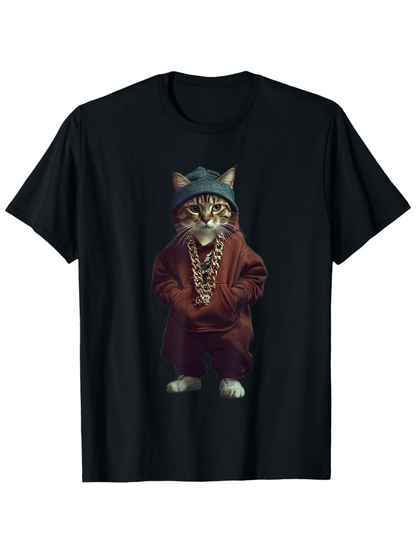 Men's Graphic T-Shirt Urban Vibes Hoodie Gold Chain And Sunglasses Wearing Cat