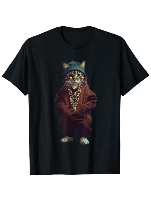 Men's Graphic T-Shirt Urban Vibes Hoodie Gold Chain And Sunglasses Wearing Cat
