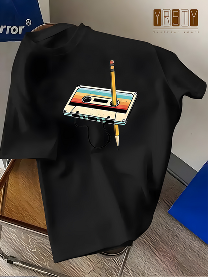 Men's Graphic T-Shirt Retro Music Tape With Pencil Through Vintage Cassette