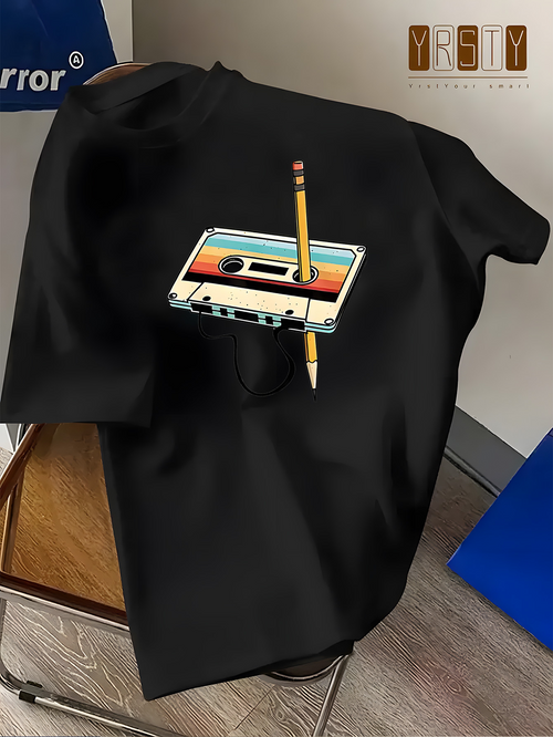 Men's Graphic T-Shirt Retro Music Tape With Pencil Through Vintage Cassette