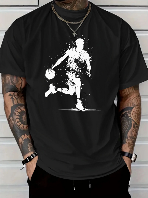 Men's Graphic T-Shirt Splattered Paint Art With Dynamic Motion Silhouette Basketball Player
