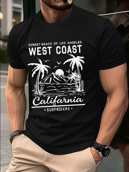 Men's Graphic T-Shirt West Coast Sunset Beach With Palm Trees And Shining Ocean Under Surfers California