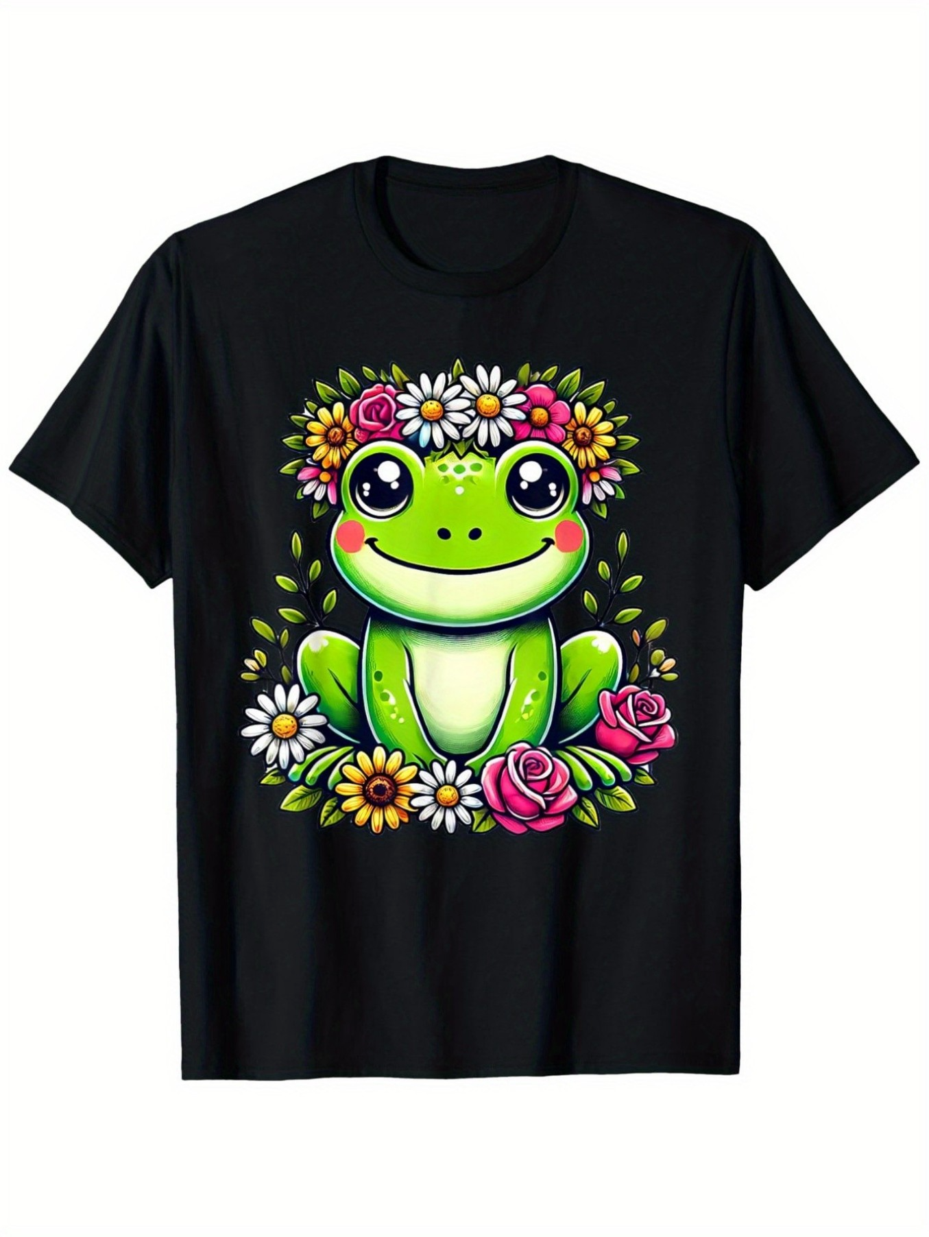 Men's Graphic T-Shirt Bright Blossoms With Cheerful Green Frog Among Daisies And Roses Frog