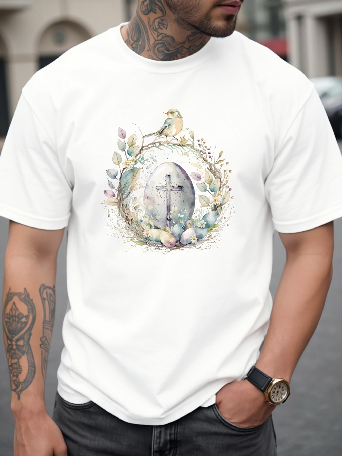 Men's Graphic T-Shirt Delicate Watercolor Leaves Eggs And Bird Encircling Standing Clock