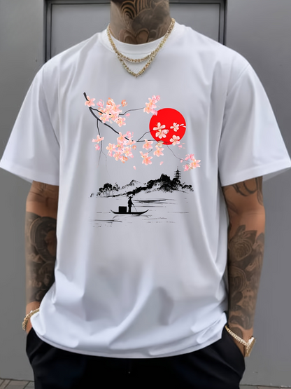 Men's Graphic T-Shirt Serene Morning Lake With Cherry Blossom Branch Under Rising Sun