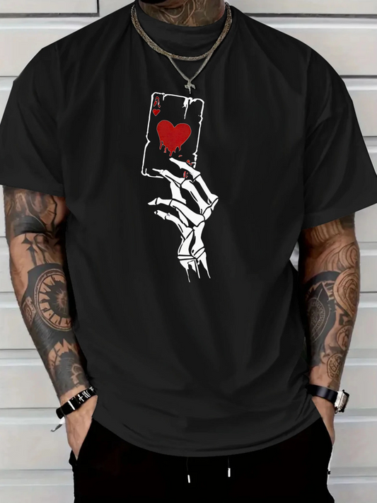 Men's Graphic T-Shirt Skeleton Hand Holding Playing Card With Red Heart Among Dark Shadows