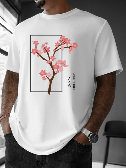 Men's Graphic T-Shirt Framed Pink Cherry Blossoms With Delicate Black Branch Tree