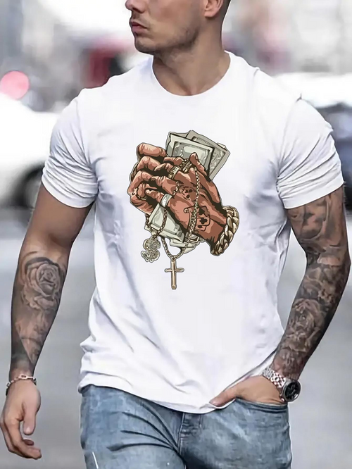 Men's Graphic T-Shirt Gold Chains With Religious Cross And Stacked Dollar Bills Hands