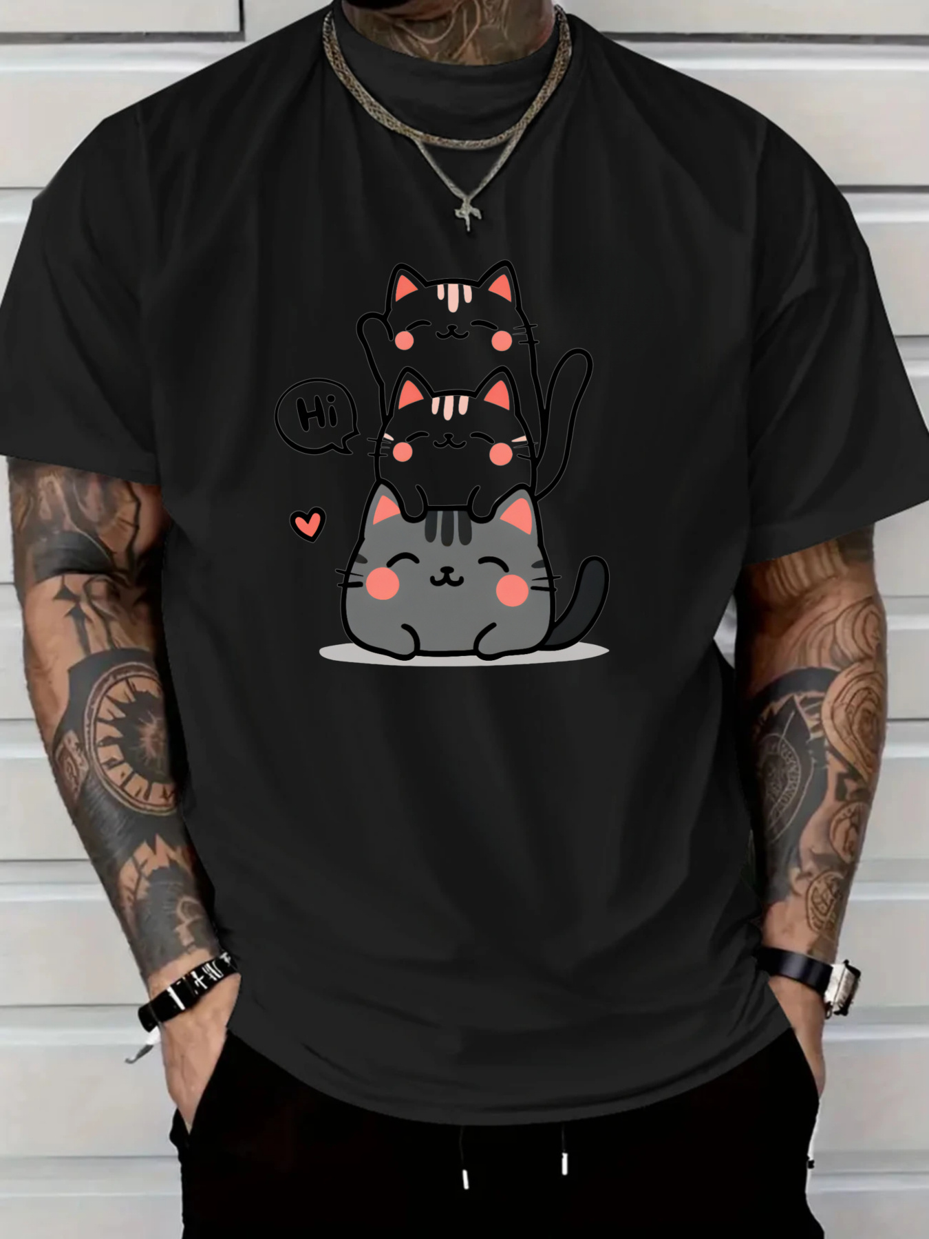 Men's Graphic T-Shirt Playful Cartoon Cats With Pink Hearts On Black Cat