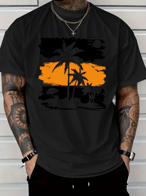Men's Graphic T-Shirt Tropical Sunset Glow With Silhouetted Palm Trees And Orange Sky