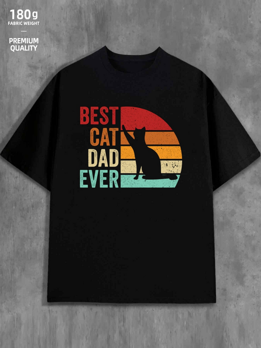 Men's Graphic T-Shirt Best Cat Dad Ever Vintage Sunset Colors With Silhouette Of Sitting Cat