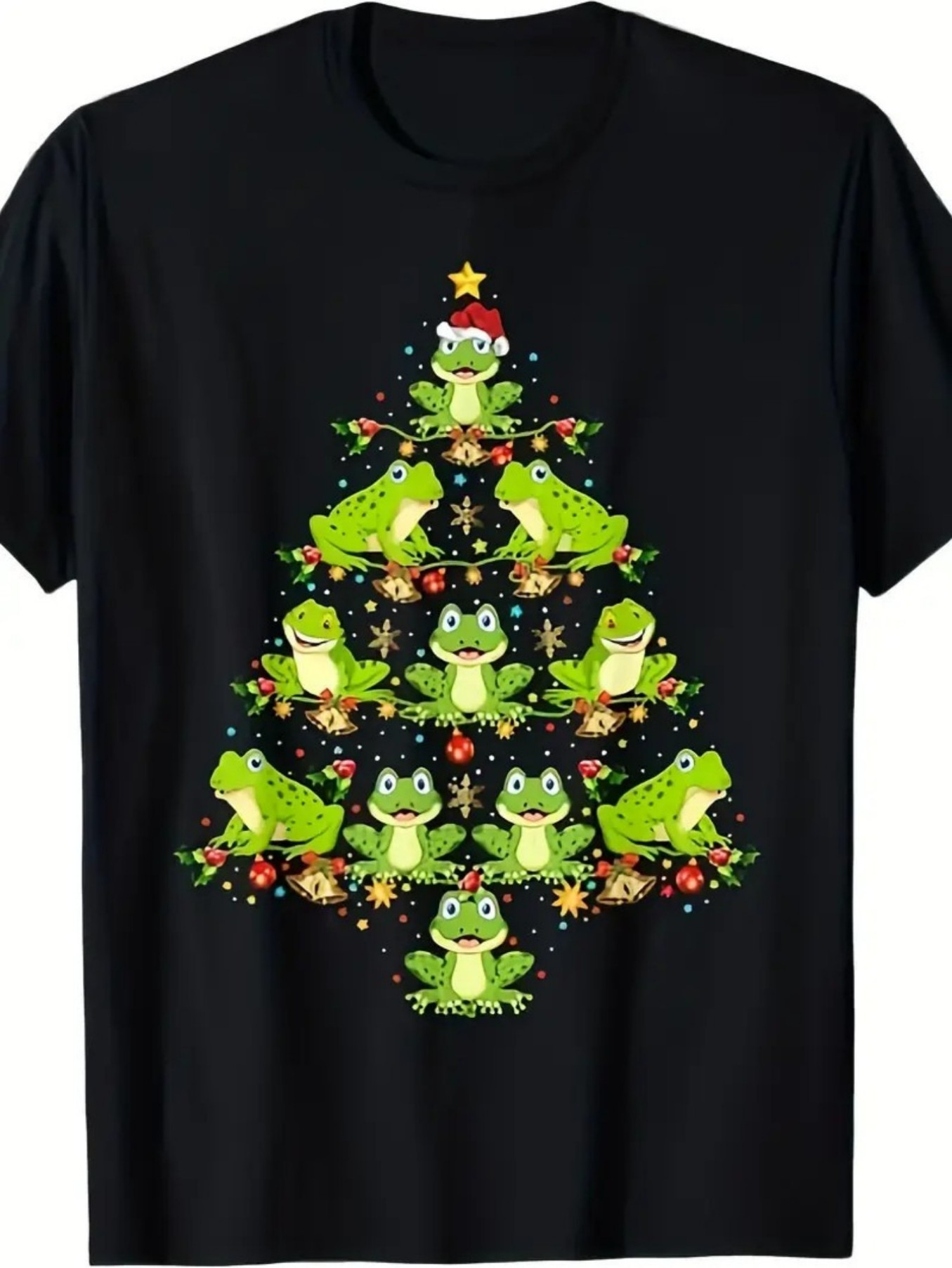 Men's Graphic T-Shirt Whimsical Christmas Tree With Smiling Frogs Under Festive Lights Frog