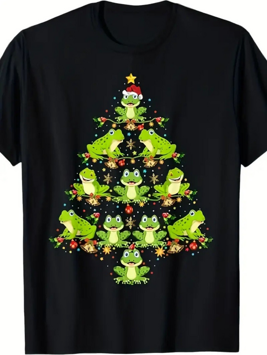 Men's Graphic T-Shirt Whimsical Christmas Tree With Smiling Frogs Under Festive Lights Frog