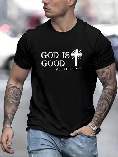 Men's Graphic T-Shirt God Is Good With Shining Cross And All The Time Text Statement