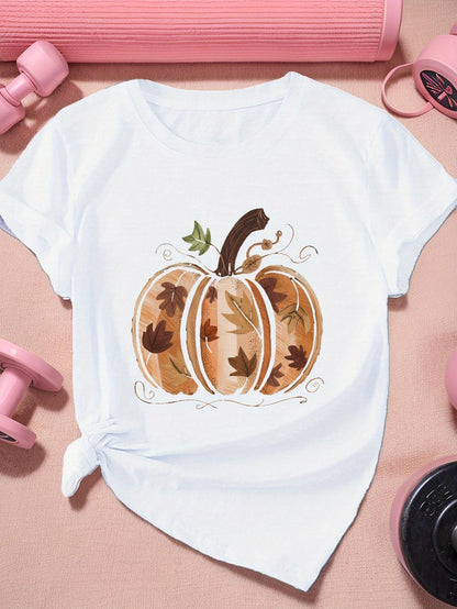 Women's Graphic T-Shirt Autumn Leaves Surrounding Rustic Whimsical Painted Pumpkin