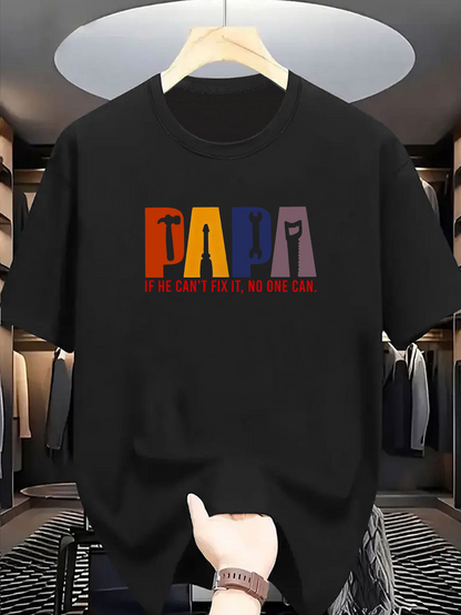 Men's Graphic T-Shirt Dad Iconic Lettering With Silhouetted Tool And Cat Motifs On Black T Shirt
