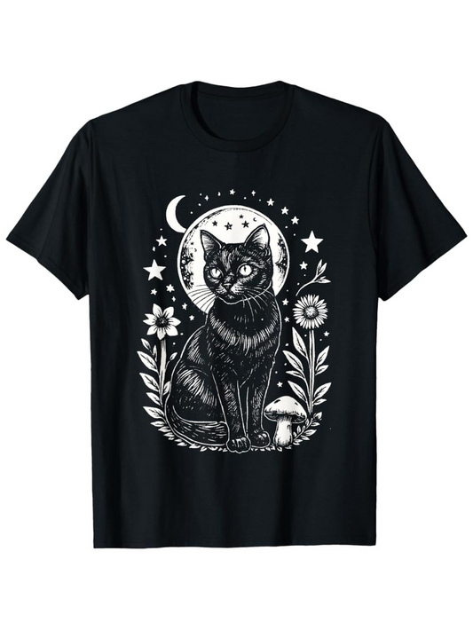 Men's Graphic T-Shirt Enchanted Garden Under Moon With Stars Botanical Black Cat