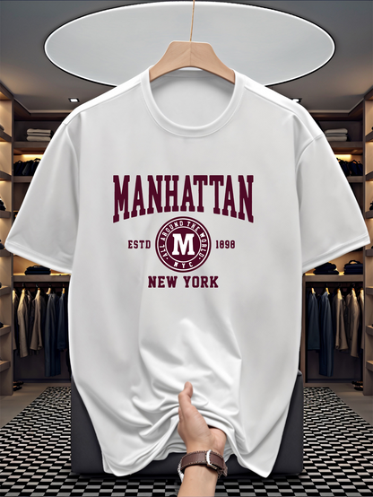 Men's Graphic T-Shirt Vintage Collegiate Emblem With Manhattan Lettering And Urban New York Street