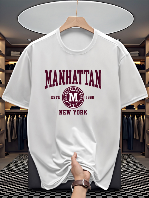 Men's Graphic T-Shirt Vintage Collegiate Emblem With Manhattan Lettering And Urban New York Street