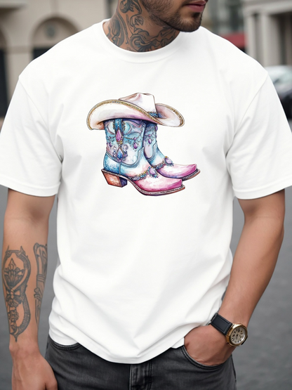 Men's Graphic T-Shirt Western Style Cowboy Boots With Hat Surrounded By Soft Pastel Colors Boots