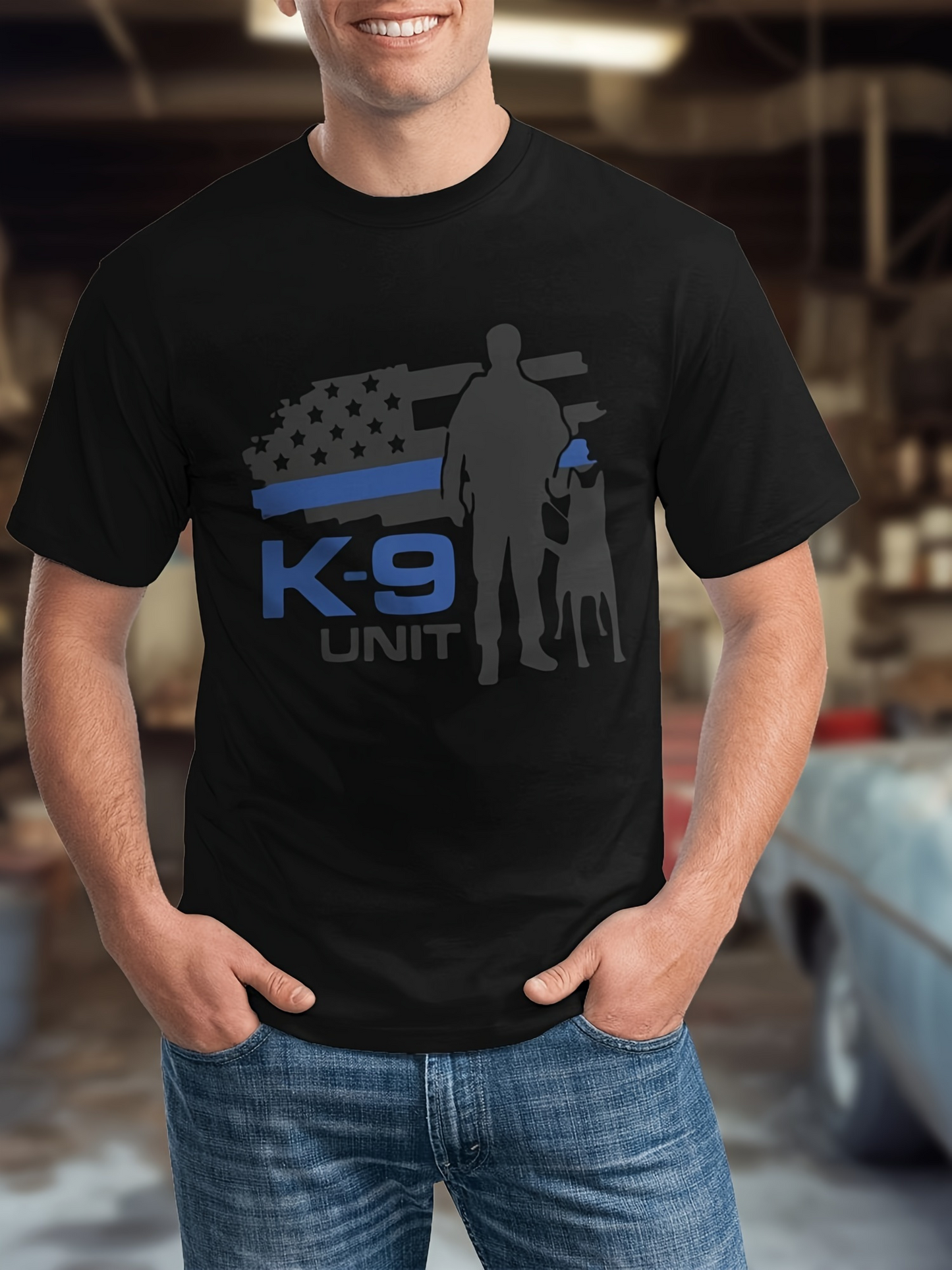 Men's Graphic T-Shirt K9 Unit Blue Flag With Silhouetted Handler Standing Beside Police Dog
