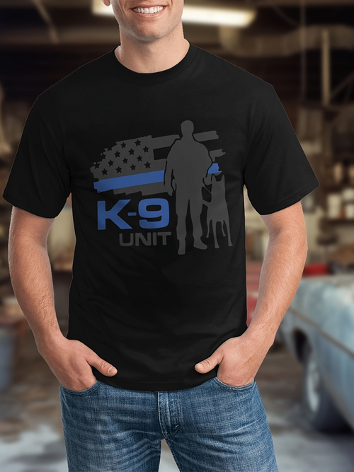 Men's Graphic T-Shirt K9 Unit Blue Flag With Silhouetted Handler Standing Beside Police Dog