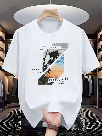 Men's Graphic T-Shirt Summer Vibe Sunset Beach With Palm Trees And Ocean View