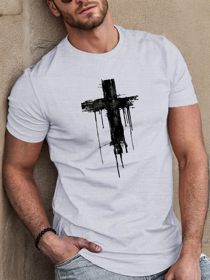 Men's Graphic T-Shirt Abstract Black Ink Dripping Paint Art Cross