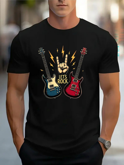 Men's Graphic T-Shirt Lets Rock With Lightning Among Electric Guitars And Raised Hand